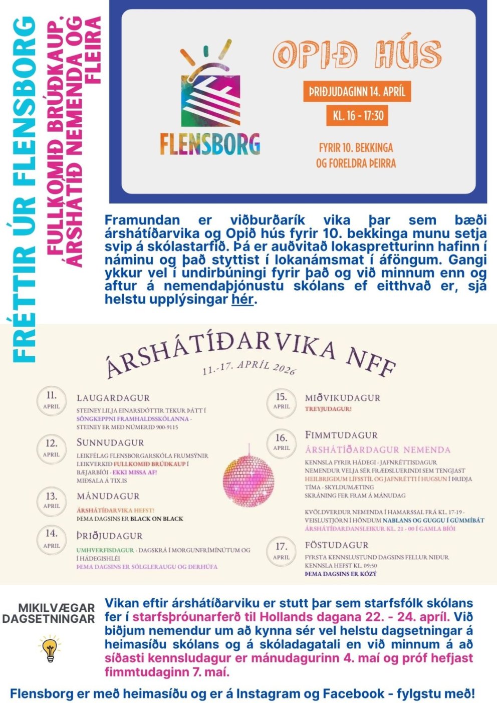 Fréttir úr skólastarfi - árshátíðarvika framundan, opið hús og fleira