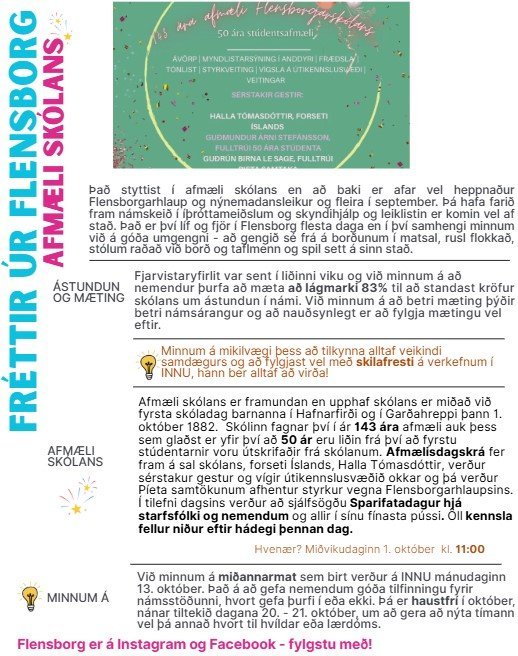 Fréttir úr skólastarfinu - afmæli skólans þann 1. október, fræðsla, gleði og söngur